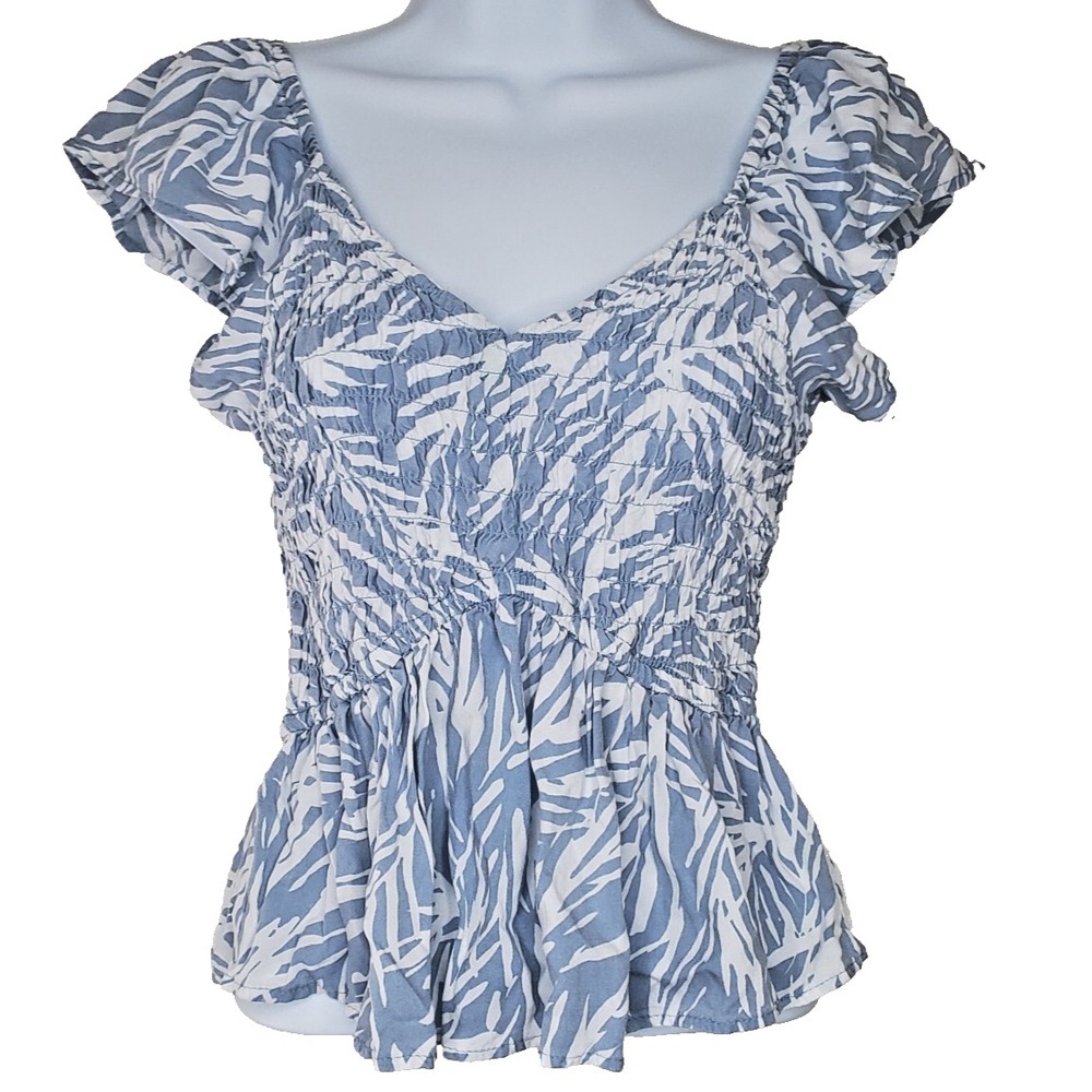 Japna Flutter Sleeve Crop Top Size S Shirred Boho Tropical Beachy Coastal Blue - Picture 1 of 10